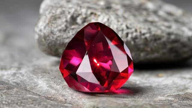 Ruby gemstone placed on a gray stone surface with light reflections and clear details