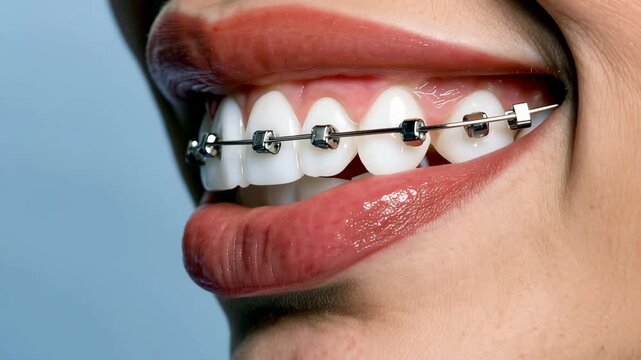Smiling person shows teeth with braces in dental office during routine appointment in bright lighting
