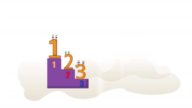 Animated numbers 1, 2 and 3 with expressive character eyes presented on a competition stage