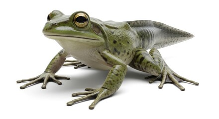 Fototapeta premium A green frog with a tadpole tail, showcasing its transformation and the early stages of its life cycle, isolated on a white background