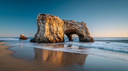 Massive sea stack rock formation glows under warm sunrise light at the ocean shore.