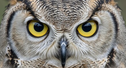 Obraz premium Frontal view of a captivating owl with striking yellow eyes and detailed plumage, a powerful nocturnal hunter bird captured up close in nature.