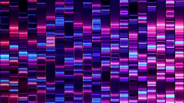 Vibrant matrix of glowing lines flowing behind vertical glass structure. Information exchange visualization for tech presentations, cloud computing, machine learning and innovation. Seamless loop. 4K