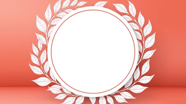 White oval frame with leafy wreath on coral background