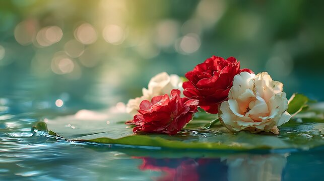 Dainty cluster of white and deep red roses rests gently on a waxy green leaf afloat.