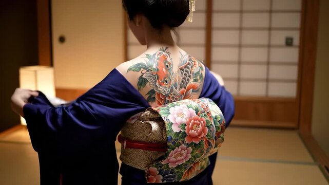 Japanese Woman in Traditional Kimono Reveals Elaborate Back Tattoo in a Traditional Room.