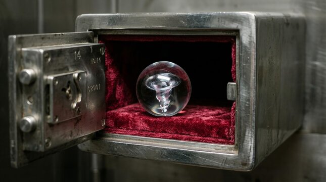 A glass orb sits on red velvet inside a metal safe marked "Vault 143 - Containment 001," exuding an aura of mystery.