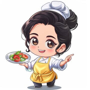 Chibi chef illustration: cute female chef holding salad, pointing with joyful expression