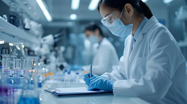 Scientist in lab coat and mask writes notes on clipboard in laboratory setting.