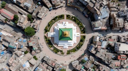 Fototapeta premium Aerial View of Urban Center with Pagoda and Streets in Circular Layout Surrounded by Buildings and Residential Areas