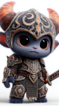 Chibi hell knight drink character with fiery horns and detailed armor