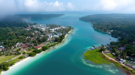 Fototapeta premium Aerial View of Coastal Village Surrounded by Lush Greenery and Clear Turquoise Waters in Serenity