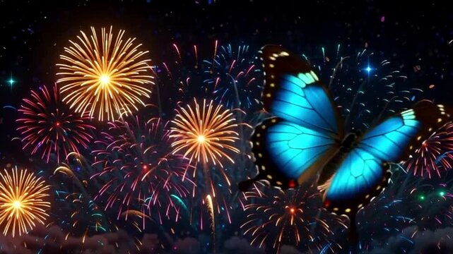 美しい夜空にたくさんの打ち上げ花火とモルフォ蝶が飛び祝福する動画
