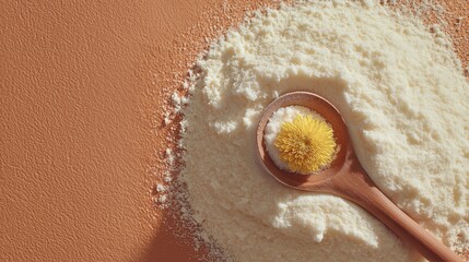 Generative AI, Dried chrysanthemum in wooden scoop on rice powder with terracotta background