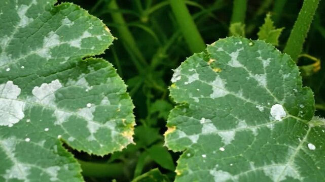 Close-up of green plant leaves affected by white powdery mildew, showing detail