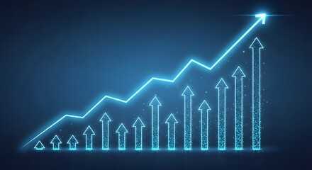 Naklejka premium A glowing blue graph with an upward trend and increasing arrow sizes.