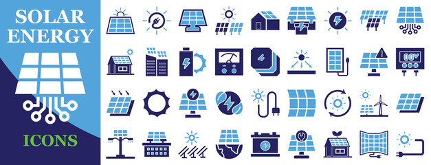 Solar energy and solar panel icon set flat editable 2 color solid vector illustration for renewable power ecology environment website mobile app and UI design projects  © Shoriful Art
