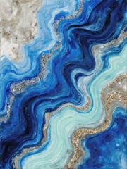 Obraz premium Flowing shades of blue and beige intertwine with shimmering gold accents, creating a dynamic piece of art. This vibrant display captivates through its unique texture and color blend Generative AI