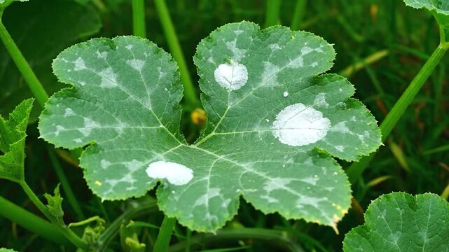 Close-up of green pumpkin leaf with white mildew spots, surrounded by vegetation