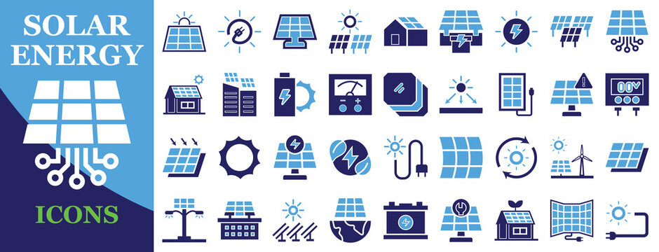Solar energy and solar panel icon set flat editable 2 color solid vector illustration for renewable power ecology environment website mobile app and UI design projects
