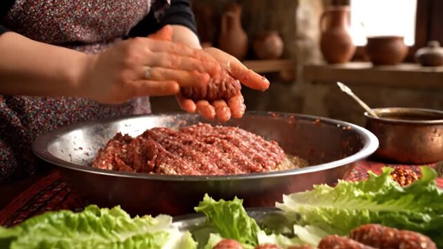 Hands preparing raw meat mixture for cooking traditional food.