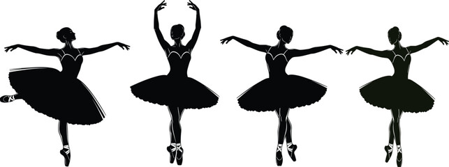 Ballerina Silhouettes Collection Graceful Ballet Dance Poses, Cad Drawing Flat Vector Illustration of Classical Dancer Isolated Background © Maher Banu