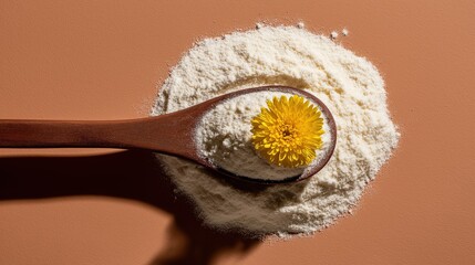 Generative AI, Dried chrysanthemum in wooden scoop on rice powder with terracotta background