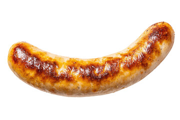 Single cooked sausage with browned crispy skin on black background food meat