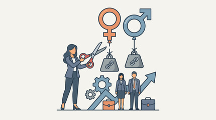 Businesswoman cutting the rope of a female gender symbol balloon from a heavy weight with scissors, representing gender equality, freedom, breaking barriers, and professional career growth. © Rafi Ehtesham