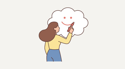 Obraz premium Mental Health Concept with Woman Drawing Smiley Face on Cloud. Illustration of Positive Thinking, Optimism, and Motivation for a Happy Life. Self-Care and Emotional Well-being Vector Design.