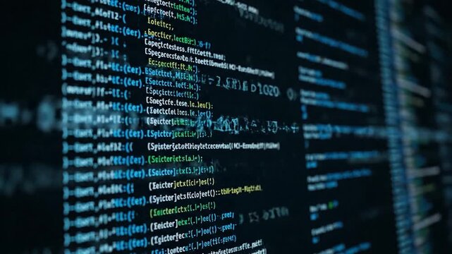 Close-up of lines of green and blue computer code on a dark screen, blurred focus