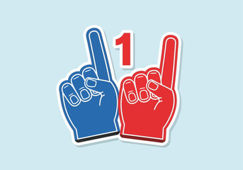 Two foam fingers, one blue and one red, pointing up with a number one between them, symbolizing victory or being number one.