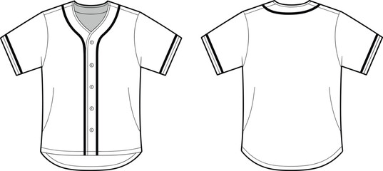 Men short sleeve baseball jersey front and back outline template, button down sports uniform cad drawing flat vector illustration © SreeRupali