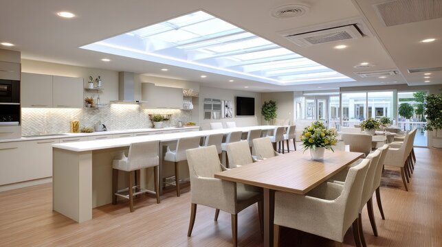 Modern bright kitchen interior with spacious dining area, elegant furniture, and large skylights for natural light