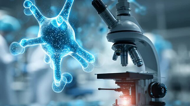 Microscopic view of a neuron cell and laboratory microscope, scientific research concept