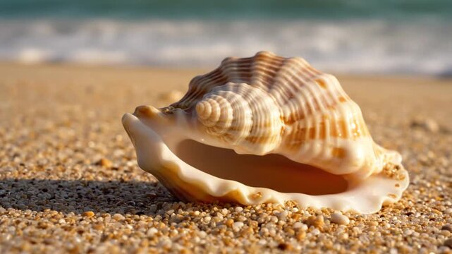 Conch seashell on sandy beach by ocean during sunny day