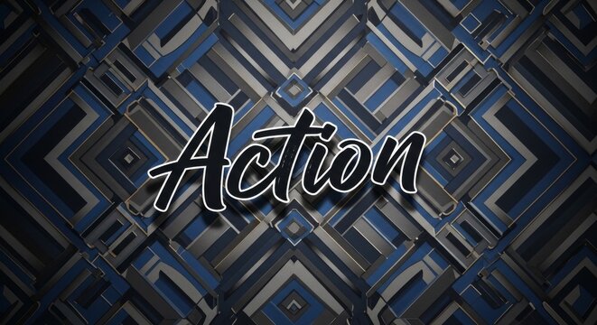 Action text on intricate geometric background