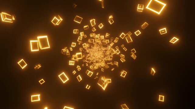 Floating Golden Squares Circular Converging Toward Center in Dark Space &ndash; Dynamic Motion Captured from Aerial View in Abstract Visual Art