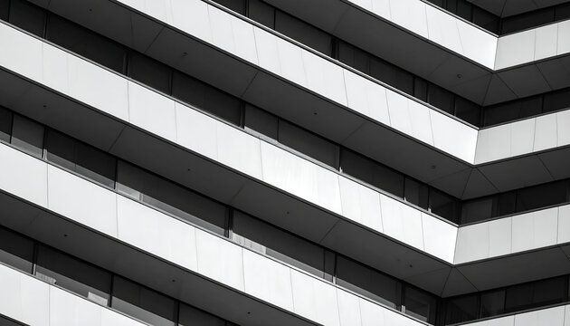 Angled black and white photo of a modern building facade with recessed balconies