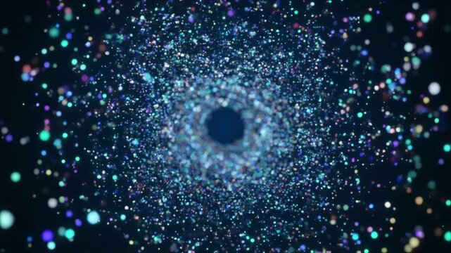 Observing a swirling cosmic void with luminous particle halo as gravity pulls light in a deep space scene