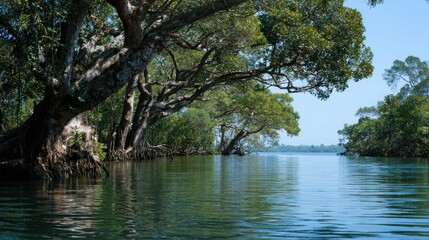Lush green mangrove trees with exposed roots in calm blue water tidal