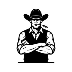 Minimalist Cowboy Silhouette Logo &ndash; Vintage Western Rancher Vector Illustration Black and White