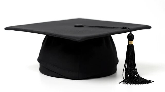 Black academic graduation cap with tassel on white background
