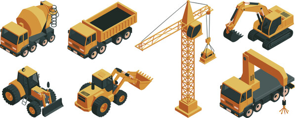 Isometric construction vehicles vector set with excavator, tower crane, dump truck, cement mixer, loader and heavy machinery © Vector's World