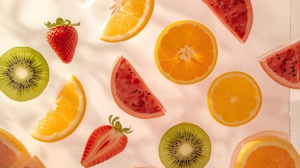 Naklejka premium Fresh fruit slices floating in a clean composition, showcasing a healthy lifestyle in a modern playful surreal style