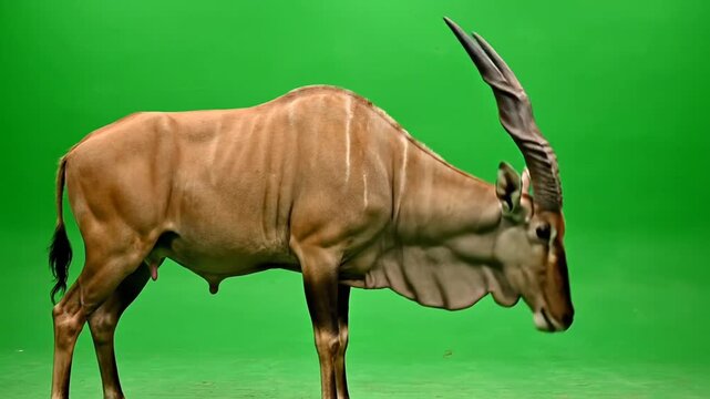 Large brown antelope with long spiraled horns standing against a vibrant green screen background, captured in a studio setting.
