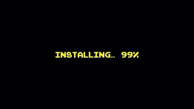 Pixel Art 8-Bit Game Text Animation Installing 99% on Dark Vintage Arcade Computer Background 4k video animation seamless loop