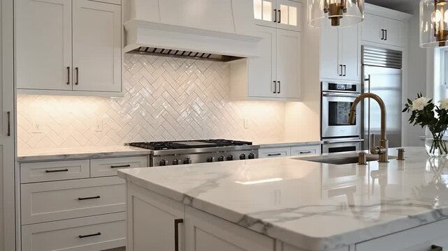 Bright Kitchen Interior With White Cabinets Marble Countertops and Stainless Steel Appliances Under Warm Lighting