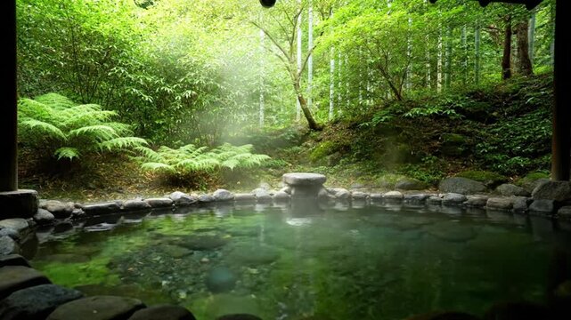 Serene forest pond surrounded by lush greenery and trees, viewed from a tranquil vantage point