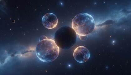 Fototapeta premium A stunning cosmic cluster of luminous, orbiting planets in the vastness of deep space with distant stars